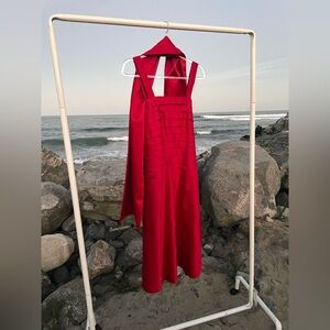 90s red tiered strapless cocktail dress with shawl cape